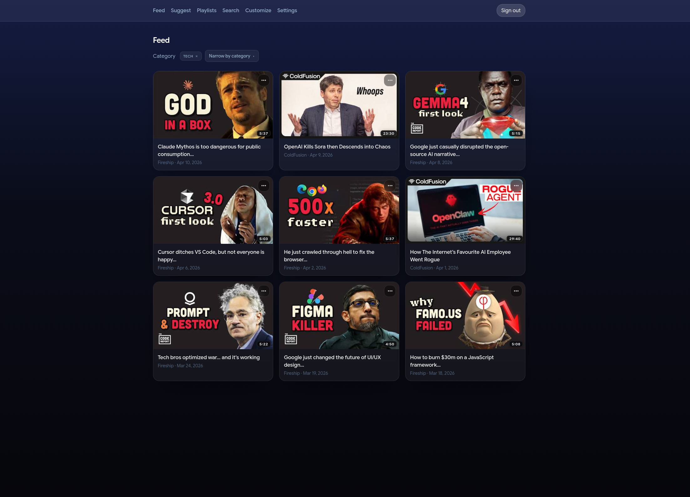 Feed narrowed with category tags