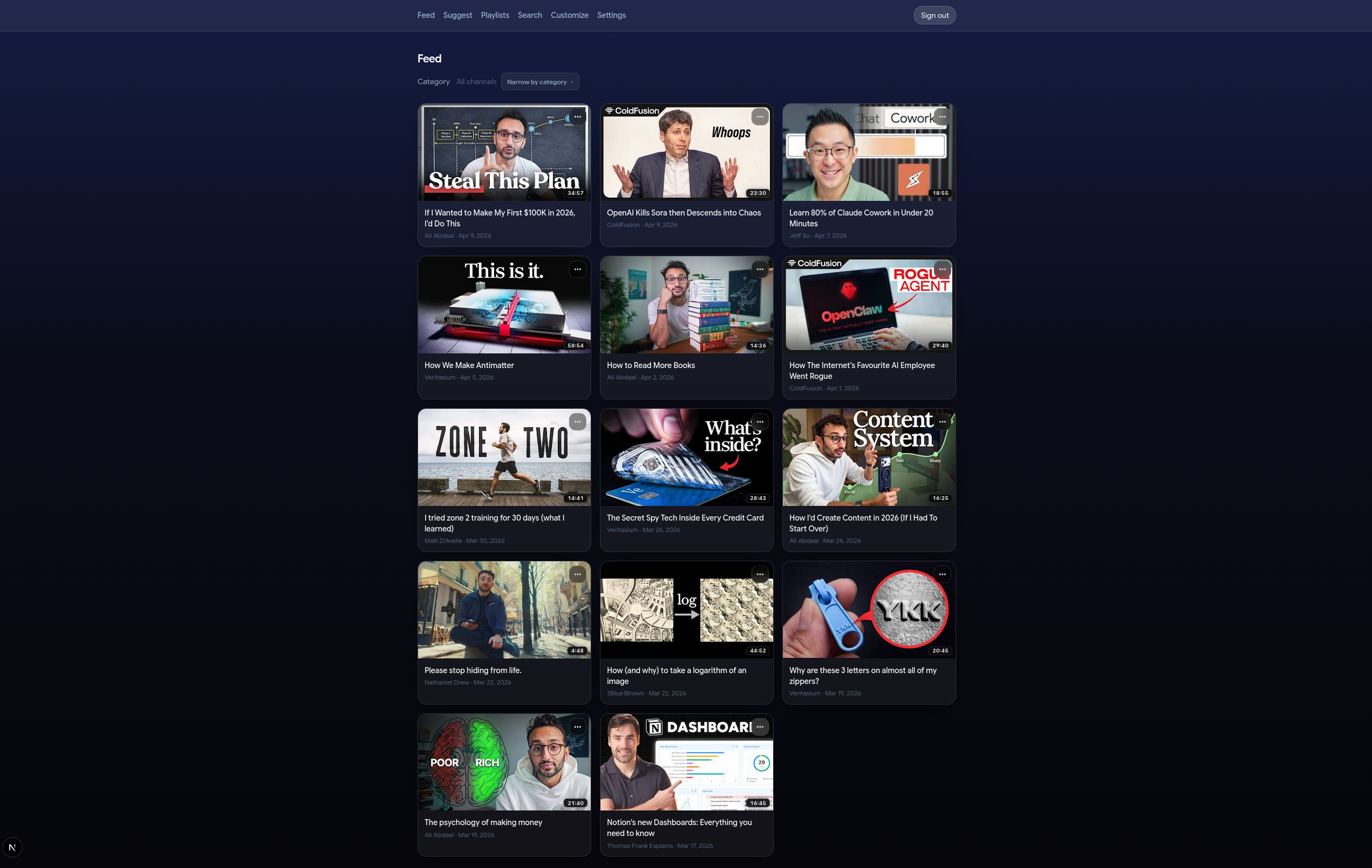 DelibaWatch Feed with a grid of videos from channels you follow